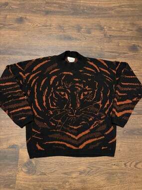 Vintage 80s Carriage Court Tiger Face Knit Sweater Black and Orange